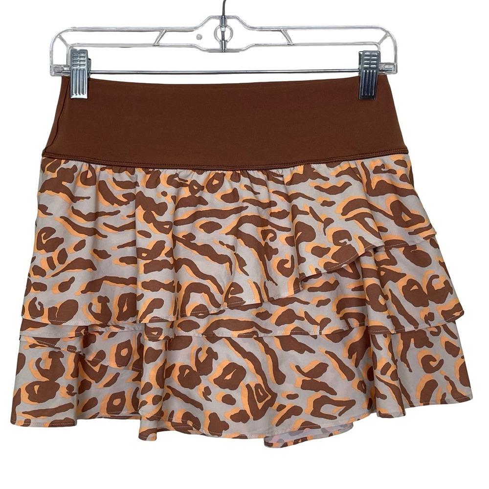 OFFLINE Aerie Real Me Ruffle Skort Women M Brown Animal Print Tiered Golf Tennis